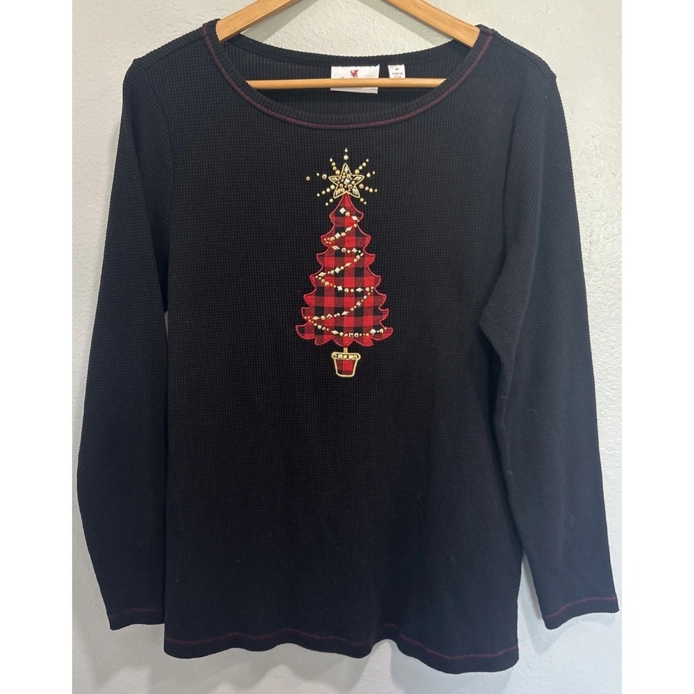 Quacker Factory Sz M Black Waffle Knit Buffalo Plaid Gems Country Christmas Tree